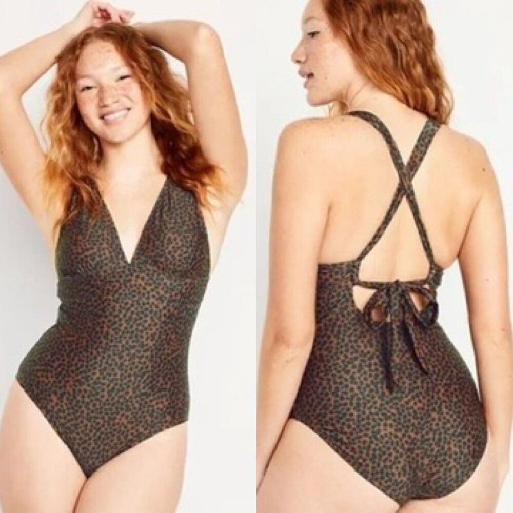 Old Navy Tie-Back One-Piece Swimsuit Brown Animal Print Size XS